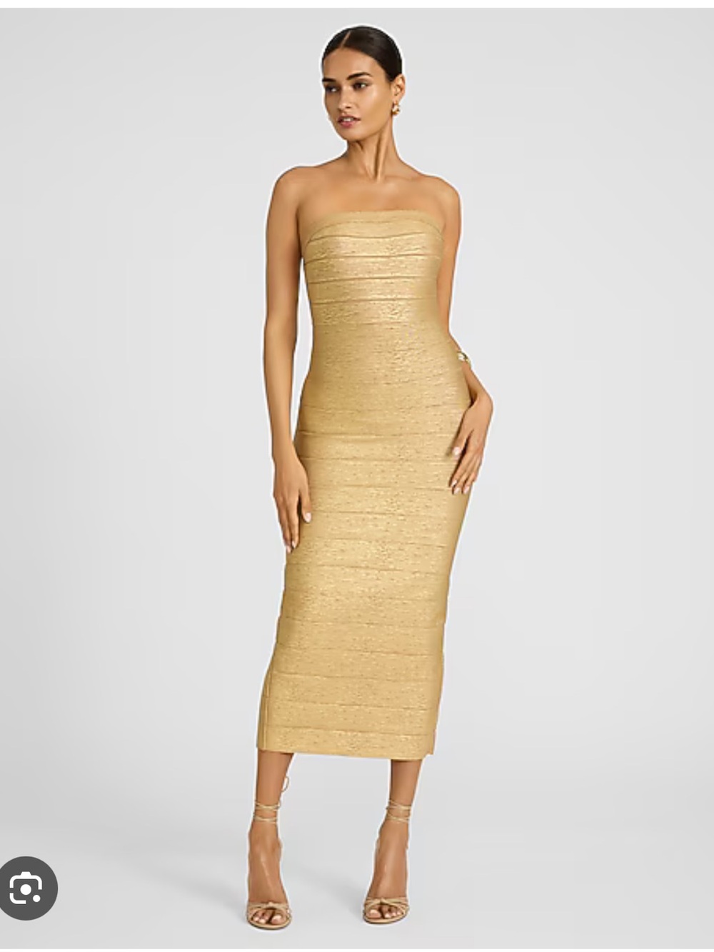 Express X Bebe Strapless Metallic Gold Bandage Midi Dress